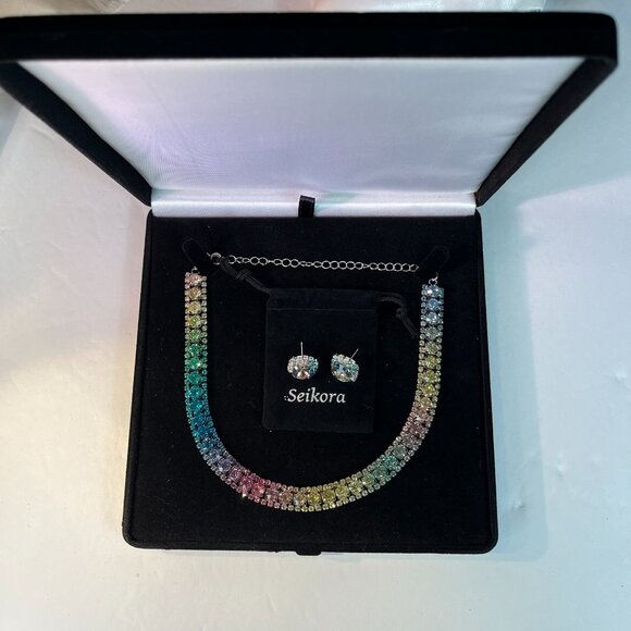 Choker Necklace Earrings Jewelry Set Green Zirconia Multi color with Gift Box - Picture 8 of 8